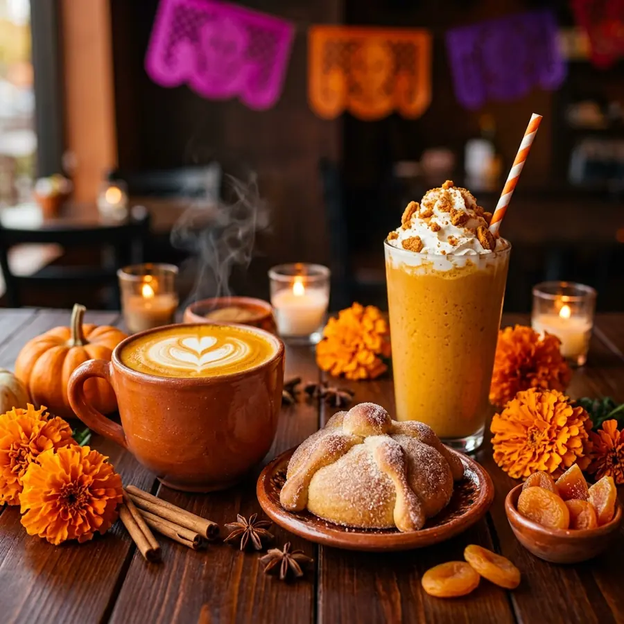 Pumpkin spice latte, pumpkin frappé y pan de muerto con cempasúchil en una mesa de temporada
