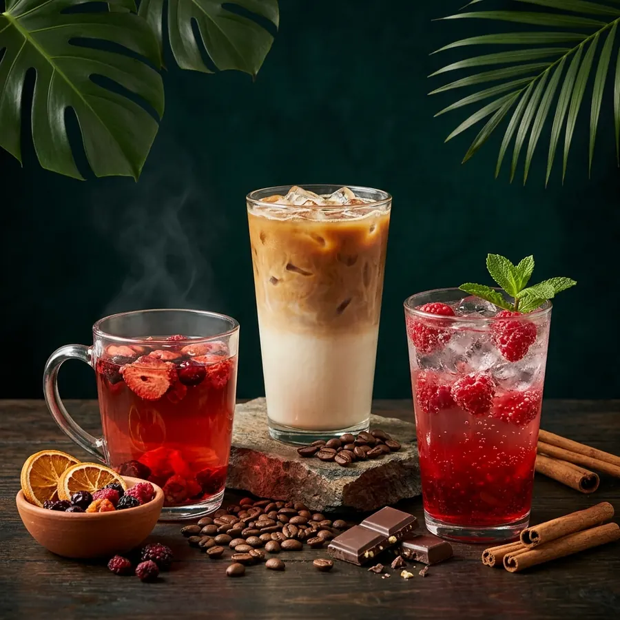 Tisana de frutos rojos, iced latte y soda italiana de frambuesa con café, chocolate y canela